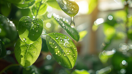 Wall Mural - Close-up of dew on green leaves