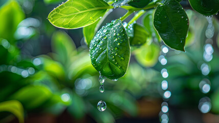 Wall Mural - Green leaf with water droplets