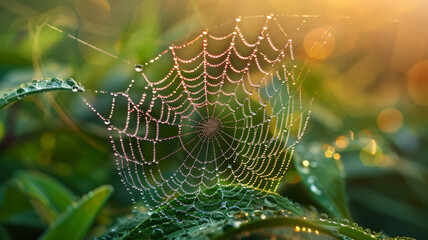 Spider web with morning dew drops