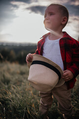 Wall Mural - boy of two years old in a hat and red shirt in a field