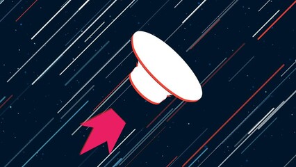 Poster - Speaker symbol flies through the universe on a jet propulsion. The symbol in the center is shaking due to high speed. Seamless looped 4k animation on dark blue background with stars