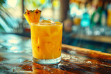 Fototapeta  - Tropical pineapple mocktail at beach bar