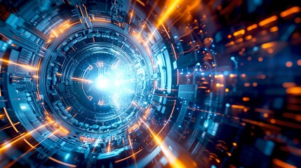 Aufkleber - Futuristic digital tunnel with vibrant blue and orange lights. Abstract cyber technology concept. High-speed data transmission. AI