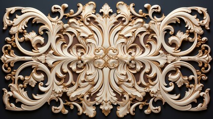 An image of a white and gold decorative wall sculpture with intricate details and flourishes.