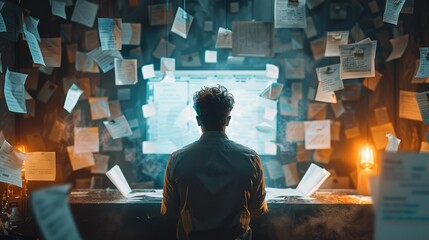 Fototapete - A marketer reviewing a newsletter landing page with glowing testimonials from satisfied subscribers, bright lighting in the room. Generative AI.