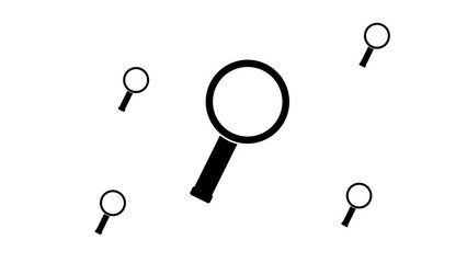 Poster - Zoom in and out animation the magnifier symbol. Large black symbol in the center and four small symbols around. Seamless looped 4k animation on white background