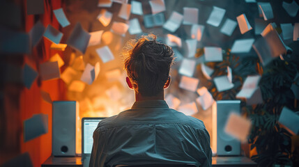 Fototapete - A marketer reviewing a newsletter landing page with glowing testimonials from satisfied subscribers, bright lighting in the room. Generative AI.