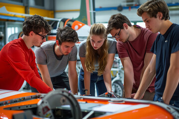 Wall Mural - Aviation students huddle over aircraft designs - their curiosity and enthusiasm fueling the next wave of aerospace innovation