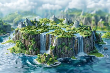 Wall Mural - Design of isometric land with beautiful blue ocean, green forest, waterfalls, and blue sea. Beautiful land with mountains, waterfalls, and blue sea. Earth environment illustration.