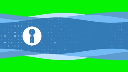 Poster - Animation of blue banner waves movement with white keyhole symbol on the left. On the background there are small white shapes. Seamless looped 4k animation on chroma key background