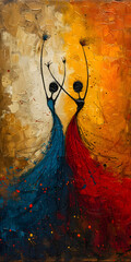 The image is an abstract painting depicting two graceful figures resembling ballerinas or dancers