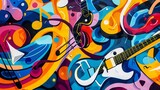Fototapeta Kosmos - A colorful and abstract mural depicting the energy of a live concert  AI generated illustration