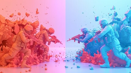 Wall Mural - A colorful vs monochromatic view of war in a 3d render  AI generated illustration