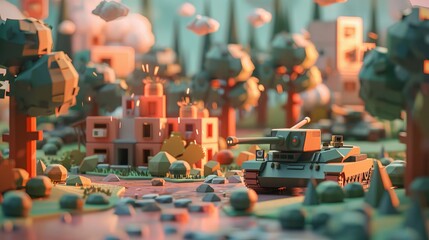 A cute 3d render of a war scene with a touch of Memphis style  AI generated illustration