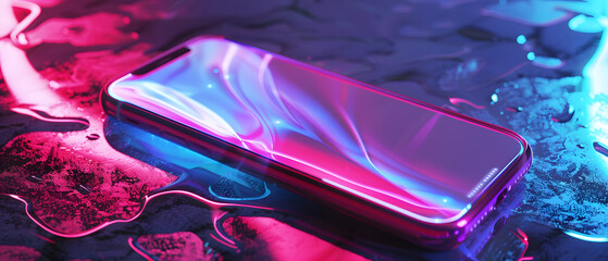 Poster - holographic telephone on a surface with glowing water