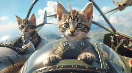 Wall Mural - A cute 3d rendering of kittens piloting tiny fighter jets in a high-stakes dogfight  AI generated illustration