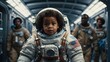 African American baby astronaut with afro hairstyle wearing Extravehicular Mobility Unit and helmet walking in outer space against spaceship