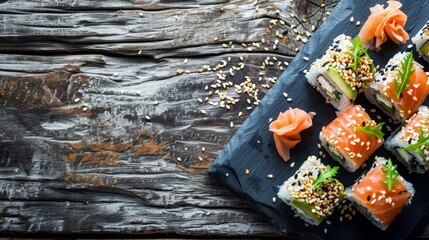 Poster - Salmon and sesame sushi on slate board