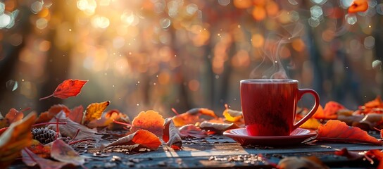 A steaming cup of coffee on a rustic outdoor table surrounded by colorful autumn leaves in a serene setting