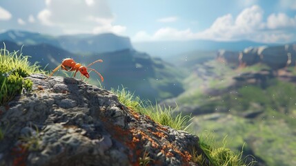 Sticker - AI illustration of ant with tiny orange legs and large yellow body on rocky terrain