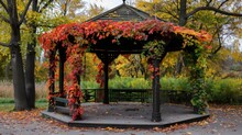 Blank Mockup Of An Autumn Park Gazebo Adorned With Colorful And Vibrant Foliage Wraps. .