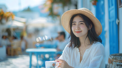 Happy woman in age of 30's traveling in stunning city, smiling