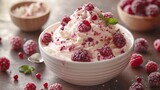 Fototapeta Tulipany - Bowl of whipped cream and raspberries