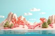 3d render, cartoon illustration of coral hills with water in the background, simple minimalistic style, low detail copy space for photo text or product