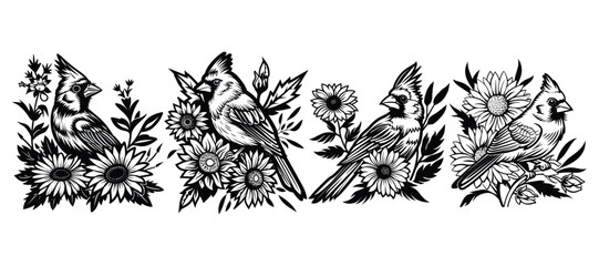 Set of Cardinal Birds with Flower. cardinal bird logo, icon, isolated on white background, black and white Vector illustration 