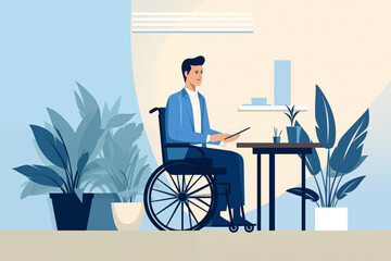 Business graphic vector modern style illustration of a business person in a workplace environment showing accessibility wheelchair access for the less abled man and woman in an office environment