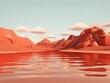 3d render, cartoon illustration of maroon hills with water in the background, simple minimalistic style, low detail copy space for photo text or product