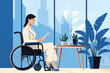 Business graphic vector modern style illustration of a business person in a workplace environment showing accessibility wheelchair access for the less abled man and woman in an office environment