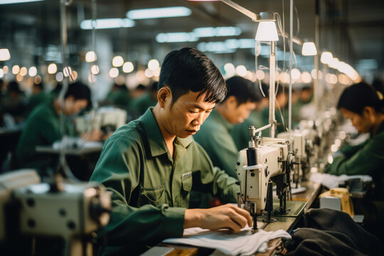 Industrial workers working on a sewing machine in a clothing factory.