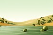 3d render, cartoon illustration of olive hills with water in the background, simple minimalistic style, low detail copy space for photo text or product, blank