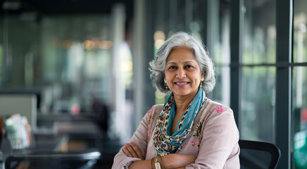 Wall Mural - Portrait of a middle aged indian woman working in office.