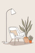 Continuous line drawing of an interior with an armchair and a plant, a table and a lamp. Vector flat simple illustration