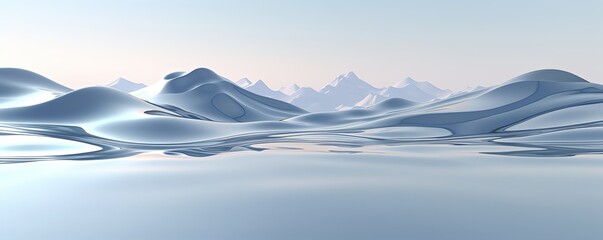 Wall Mural - 3d render, cartoon illustration of silver hills with water in the background, simple minimalistic style, low detail copy space for photo text or product