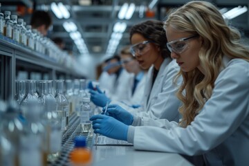 Poster - Scientists in white coats engaged in meticulous research focusing on experiments at lab workstations Professional laboratory environment depicting healthcare and science industry work