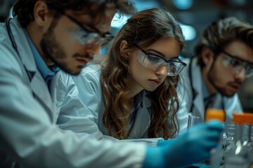 Poster - A team of concentrated scientists examining specimens in a lab environment with a focus on a woman