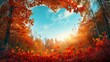 An autumn forest glows with vibrant red and orange leaves, framed by a heart-shaped blue sky on a sunny day