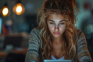 Poster - An attractive young woman with curly hair intensely focusing while working on a tablet in an office