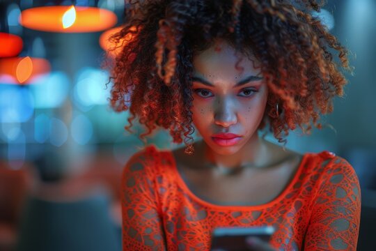 Young woman with curly hair absorbed in reading her smartphone under colorful moody lighting