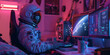 Witness the intersection of space and technology as an astronaut operates a computer in his bedroom. AI generative enhancements amplify the cosmic experience.