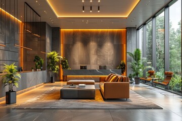 This image captures a luxurious lobby akin to a boutique hotel, with rich textures, warm lighting, and vertical greenery