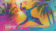 Cat doing energetic kung fu moves in a tropical setting, with bright colors and a painterly style, conveying a sense of movement and vibrancy.