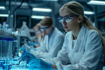 Poster - A focused female scientist in a lab coat and protective gloves is analyzing test samples in a clinical research laboratory