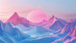 Synthwave retro futurism landscape with pink and blue mountains and a pink sun.