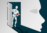 Fototapeta  - Artificial intelligence and human concept. An android is stealing a human brain.
