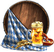 A mug with foamy beer and pretzels against the background of a wooden barrel . Very detailed illustration.