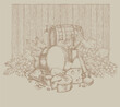 Hand drawing on the theme of WINE. Bottle and barrel of wine, cheese and bunches of grapes.